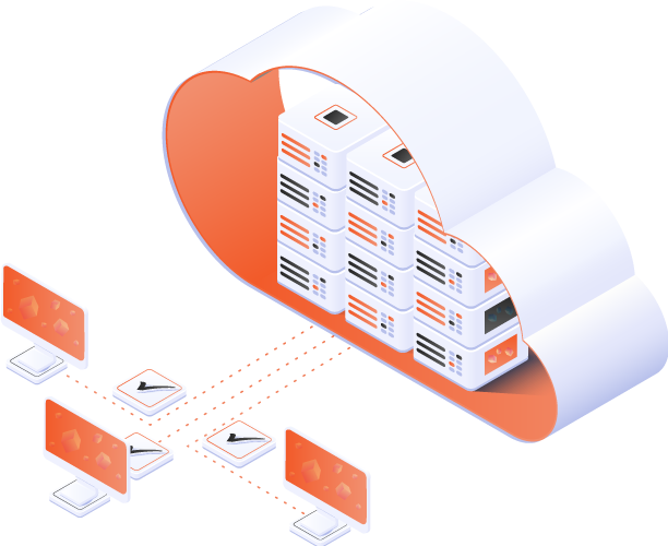 Cloudspeicher mit Servern und angebundenen Arbeitsplatzrechnern