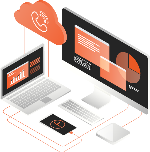 Arbeitsplatz mit Notebook, Monitor und Telefonsymbol in der Cloud