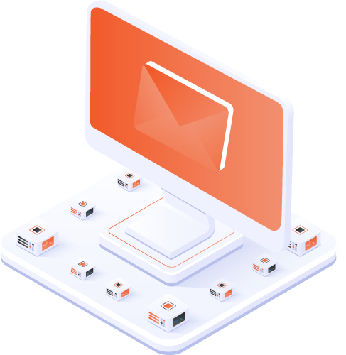 E-Mail-Symbol auf einem Bildschirm über einer Serverplattform