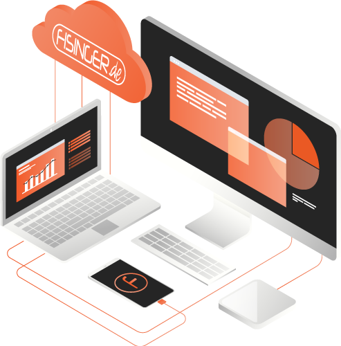 Arbeitsplatz mit Notebook, Monitor und FISINGER.de-Cloud